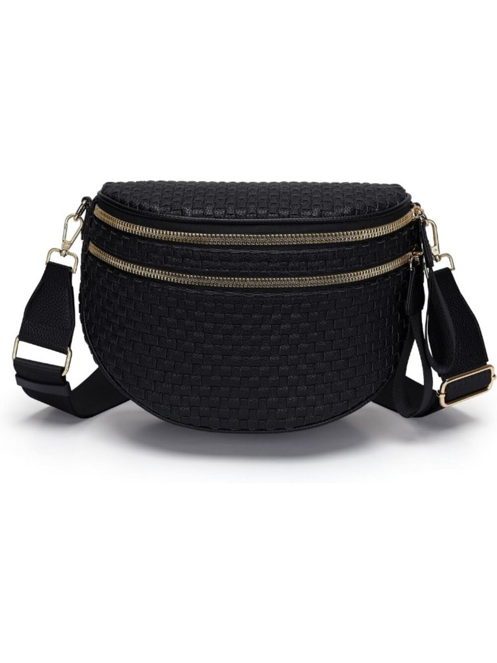 Chic Checkered Woven Crossbody Bum Bag - Vegan Leather, Double Zip Sling Purse